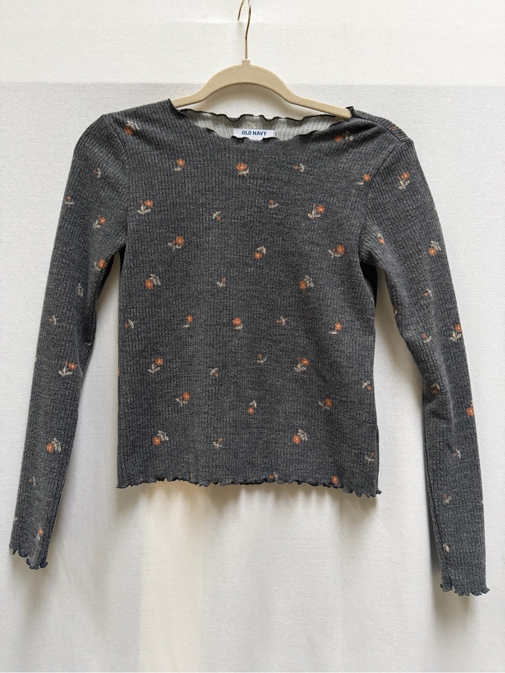 Old Navy Charcoal Ribbed Long-Sleeve Top with Orange Floral Dots